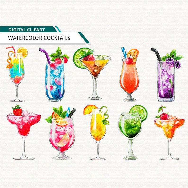 Watercolor cocktail clipart alcoholic drinks clipart Summer Clipart Hello S...