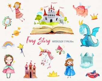 Watercolor fairy story clipart unicorn fairy, princess watercolor magic fantasy clipart instant download