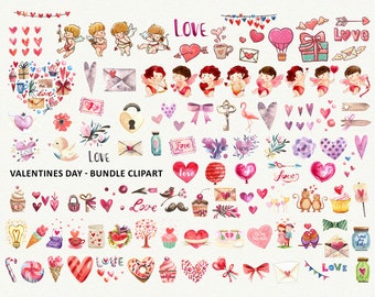 Valentines Day Clipart Bundles Watercolor Love Clip Art Cupid Heart illustrations wedding clipart Instant Download Commercial use ok