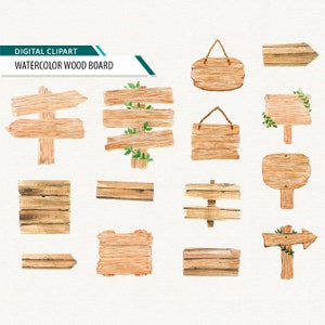 Señales de madera Tablero de madera Acuarela Clipart, tablones de madera, letreros, elementos de bricolaje, letras, invitación, citas de tiza