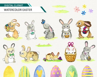 Pode incluir: Conjunto de clipart de aquarela de coelhos da Páscoa segurando ovos e cestas. Os coelhos estão em várias poses e cores, incluindo marrom, cinza e branco. Há também ovos de aquarela em várias cores e padrões.