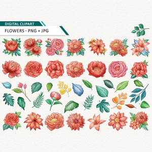 Flowers clipart  Watercolor floral bouquet clip art Instant Download Red flower commercial use OK