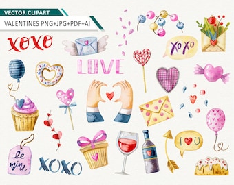 Watercolor Valentine Clipart Love Printable Valentines VECTOR clip art Commercial use