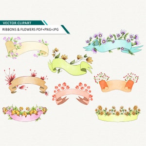 Banners florais clipart aquarela fitas casamento clip art fita com flores para impressão download instantâneo uso comercial ok
