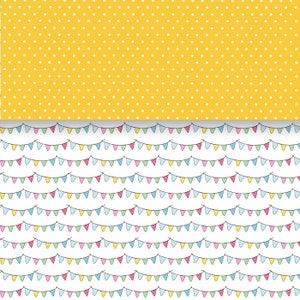 Peut inclure: Un motif sans couture compos&eacute; de deux rang&eacute;es altern&eacute;es. La rang&eacute;e sup&eacute;rieure est un fond jaune avec des pois blancs. La rang&eacute;e inf&eacute;rieure est un fond blanc avec un motif r&eacute;p&eacute;titif de drapeaux de f&ecirc;te color&eacute;s.