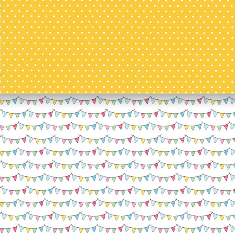 Peut inclure: Un motif sans couture compos&eacute; de deux rang&eacute;es altern&eacute;es. La rang&eacute;e sup&eacute;rieure est un fond jaune avec des pois blancs. La rang&eacute;e inf&eacute;rieure est un fond blanc avec un motif r&eacute;p&eacute;titif de drapeaux de f&ecirc;te color&eacute;s.