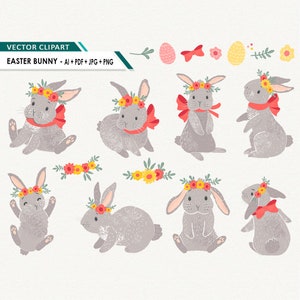 Rabbit vector clipart Rabbits and flowers Commercial use OK. Easter and Bunny clipart  instant download