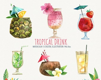 Tropical drink clipart Summer cocktail watercolor tropical Citrus lime lemon Mojito Mint Watercolor Summer Tropical Summer party clip art