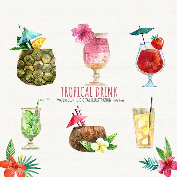 Tropical Drink Clipart Summer Cocktail Watercolor Tropical Etsy