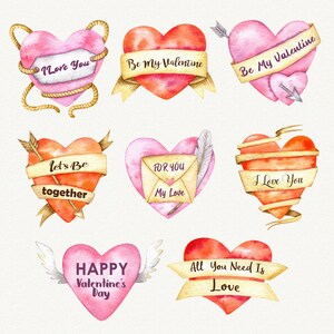 Puede incluir: Ilustraciones en acuarela de corazones con mensajes rom&aacute;nticos. Los corazones son en tonos rosa y rojo, con elementos decorativos como cintas, flechas y alas. El texto incluye "I Love You", "Be My Valentine" y "Happy Valentine's Day."