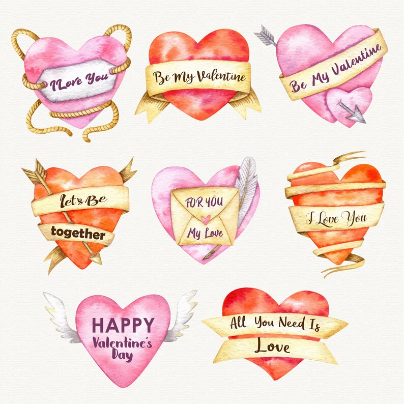 Puede incluir: Ilustraciones en acuarela de corazones con mensajes rom&aacute;nticos. Los corazones son en tonos rosa y rojo, con elementos decorativos como cintas, flechas y alas. El texto incluye "I Love You", "Be My Valentine" y "Happy Valentine's Day."