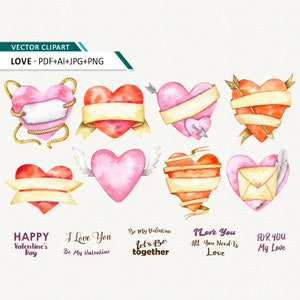 Puede incluir: Clipart vectorial de acuarela con varios dise&ntilde;os de corazones en tonos rosa y rojo. Algunos corazones tienen cintas, flechas, alas o sobres. El texto incluye "Feliz D&iacute;a de San Valent&iacute;n", "Te amo" y "Estar juntos".