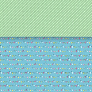 Peut inclure: Un fond bleu avec un motif r&eacute;p&eacute;titif de drapeaux triangulaires color&eacute;s enfil&eacute;s. Les drapeaux sont dans des tons de rose, jaune, bleu et vert.