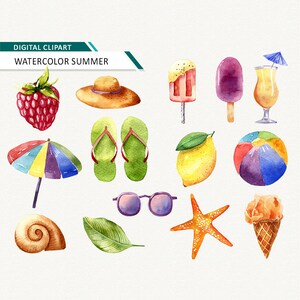 Watercolor summer clipart Vacation clip art  Watercolor elements ice cream beach party instant download commercial use ok