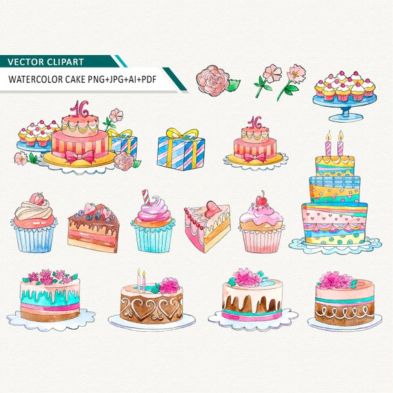 Watercolor Birthday Cake Clipart Cupcake Vector Clip Art Etsy