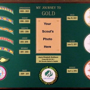 Journey to Gold Plaque for Bridge Patches, Gold Award Ceremony Gift Girl Scout Patch Plaque - Scout Gift Scout Brag Plaque image 2