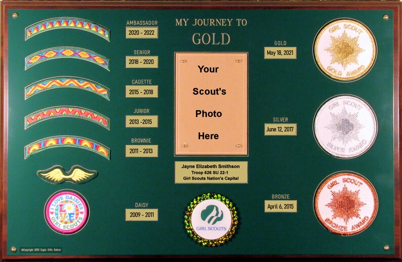 Journey to Gold Plaque for Bridge Patches, Gold Award Ceremony Gift Girl Scout Patch Plaque - Scout Gift Scout Brag Plaque image 2