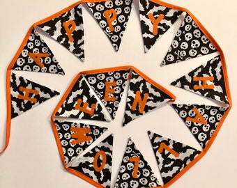 Happy Halloween bunting, Halloween banner, orange Halloween bunting, bat fabric, skull fabric.