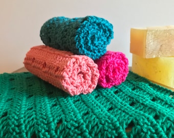 Crocheted soft washcloth. 100% cotton, reusable, eco friendly facecloth.