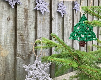 Cotton Christmas Decorations, crocheted, handmade, snowflakes, Christmas trees, Christmas garland.