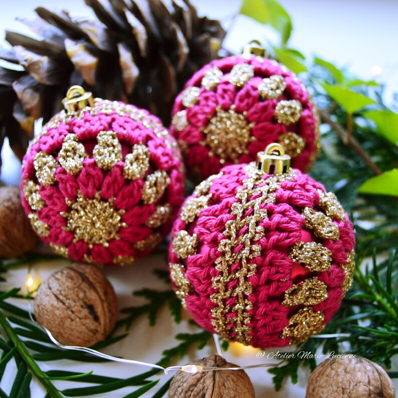 Gehaakte kerstballen kerstboom ballen set van 3 goud roze Etsy