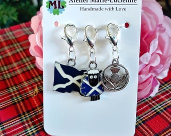 Set of 3 Scottish stitch markers or progress keeper, Saltire Sheep, Saltire Flag, Thistle, Scotland Souvenir, UK, GB, for Knitting & Crochet