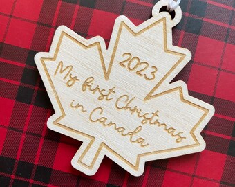 Canada Christmas Ornament, My first Christmas in Canada, Canadian maple leaf ornament, newcomer gift present, wooden maple leaf tag, Canada