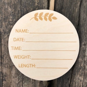 Newborn Name Sign Baby Plaque Birth Stats Photo Prop Birth Announcement Wooden Name Hospital Wood Round Disc Engraved Photography Weight image 4