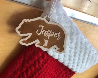 Custom Bear Christmas Ornament, Bear stocking tag, Personalized bear ornament, custom bear ornament, laser cut bear, wooden stocking tag