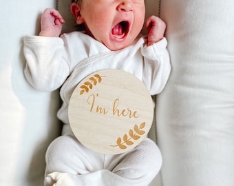 Wooden Baby Milestone Month Discs, I'm Here, One Year, Baby Monthly Photos, Photography, Wood, Laser, Baltic Birch, Cut Out