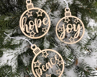 Hope, Joy, Peace, Ornaments, Christmas, Tree, Decorations, Holiday, Wooden, Wood, Laser, Christmas Tree, Cut Out, Christmas Decor