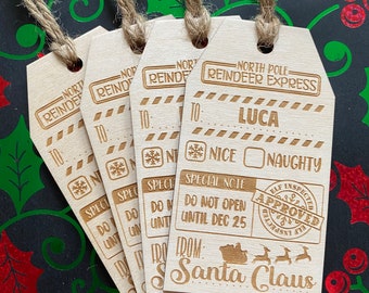 Santa gift tag, Santa present, Wooden name Tag, Christmas tag, Santa name tag, Engraved Santa gift tag, naughty or nice, reindeer express