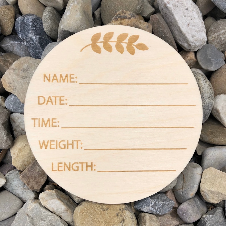 Newborn Name Sign Baby Plaque Birth Stats Photo Prop Birth Announcement Wooden Name Hospital Wood Round Disc Engraved Photography Weight image 2
