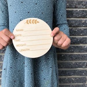 Newborn Name Sign Baby Plaque Birth Stats Photo Prop Birth Announcement Wooden Name Hospital Wood Round Disc Engraved Photography Weight image 1