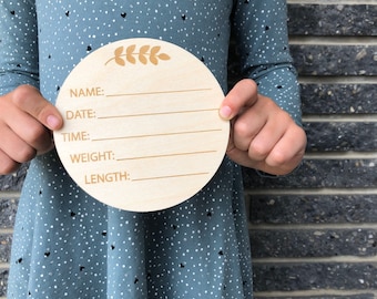 Newborn Name Sign Baby Plaque Birth Stats Photo Prop Birth Announcement Wooden Name Hospital Wood Round Disc Engraved Photography Weight