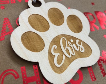 Custom Paw Wooden Name Ornament, custom dog ornament, Personalized pet ornament, wooden pet ornament, laser cut Pawprint
