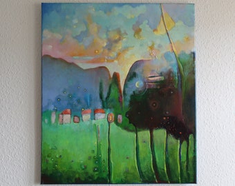 Fogs, Beehives, Bees, Abstract Landscape, Original Oil Painting, Sunset, Surrealism, Oil Painting, Unique , 60 cm  x 50 cm