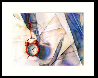 Alarm clock on a string,, drawing with colored pencils, background of a crumpled sheet of paper