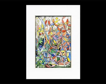 Bloemen dans I aquarel schilderij origineel uniek, handgemaakte kunst, regenboog, weide, compositie, 18 x 13 cm