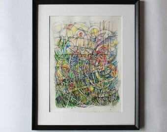 Bloemenweide, origineel, aquarel, aquarel, unieke, handgemaakte kunst, bladeren, abstractie, papegaaien, tekening, puzzels, illusie,