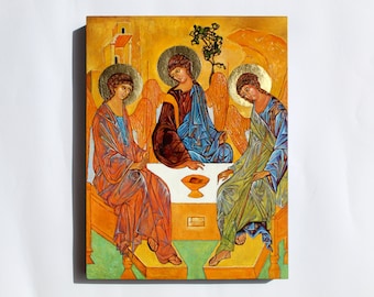 Icona della Santissima Trinità, Ospitalità Abramo, icona scritta dipinta a mano, 30 cm x 40 cm, tre angeli