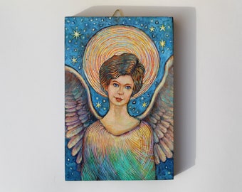 Angel  original oil painting, unique oil painting, handmade art, guardian angel, oil paints on a board, angel in a sweater