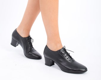 Chaussures de danse oxford élégantes pour femmes, en cuir noir très doux, talon large de 6 cm