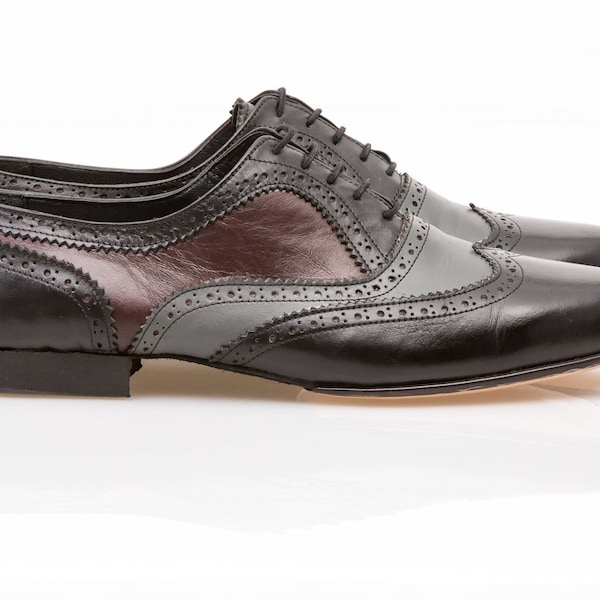 Zapatos de tango Imagine Men, clásico Oxford, modelo Wingtip, estilo brogues en piel negro burdeos y gris.