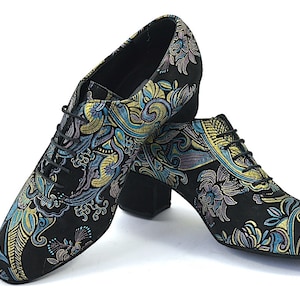 Women oxfords vintage tango dance shoes, by soft black suede leather with golden-blue paisley prints.