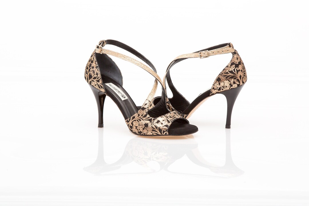 The Bago Black & Gold Glitter Leather Pump Women Shoe