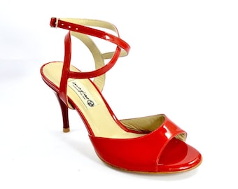 Women's tango shoes, openheel, in red or black patent leather