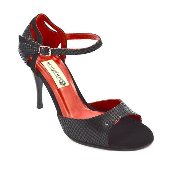 Imagine women shoes, classic open toe model in black faux snake leather