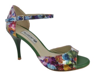 Zapatos de tango para mujer, modelo clásico, puntera abierta, en piel floral multicolor