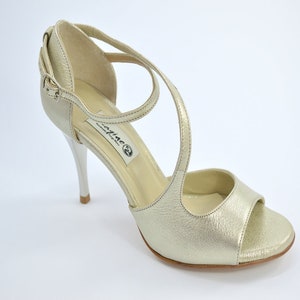 F-705 Modern, brand new model, open toe in soft beige-gold pearlised leather